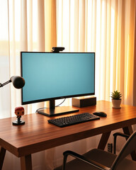 Minimalist Home Office Desk with Curved Monitor and Succulents - AI Generated