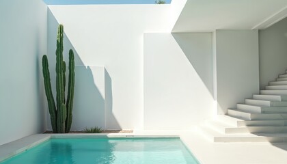 Modern minimalist architecture features clean white walls, geometric shapes, rich green plants. Tranquil pool reflects bright sunlight, casting soft shadows. Tall cacti stand beside staircase,