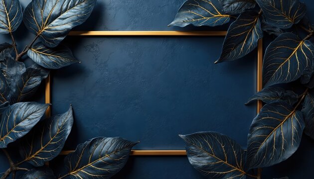Navy blue background featuring textured leaves with gold veining, luxurious gold border. This elegant card design offers sophisticated backdrop, perfect for premium, chic, stylish presentations.