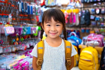 Smiling little asian girl with new backpack in stationery store, school supplies shopping, sale and discounts, getting ready to go back to school