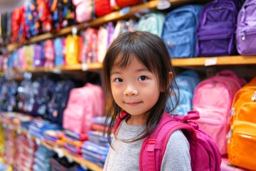 Smiling little asian girl with new backpack in stationery store, school supplies shopping, sale and discounts, getting ready to go back to school