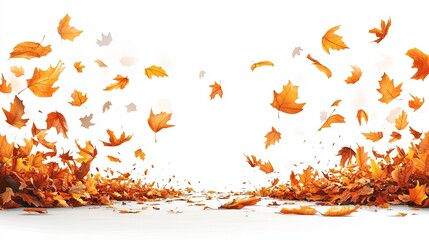 A vibrant autumn scene with piles of fallen leaves and swirling leaves in the air against a white background