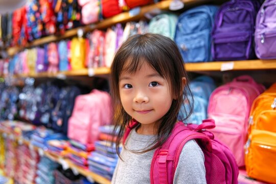 Smiling little asian girl with new backpack in stationery store, school supplies shopping, sale and discounts, getting ready to go back to school - Powered by Adobe