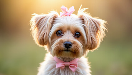 Small dog with fluffy fur and pink bow on its head and neck looks attentively with big brown eyes in soft natural light background, showing cute and gentle expression
