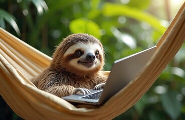 Cute sloth works on laptop while relaxing in hammock. This mammal enjoys remote work in rich tropical jungle surroundings. Sloth chilling with technology, living digital nomad freelance lifestyle.