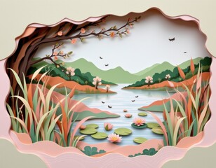 Paper Cut Wetland Scene with Reeds Lily Pads and Hills