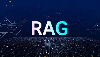 Futuristic holographic interface with floating RAG text, glowing nodes, data streams, abstract neural grids. RAG, Retrieval Augmented Generation, high-tech visualization