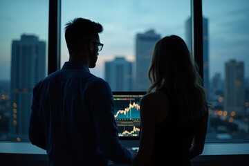  Silhouette of a couple analyzing a graph on a computer screen with cityscape backdrop.