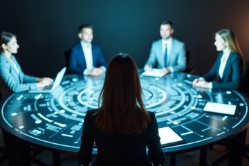 Aerial View of Female Candidate Interviewed by Holographic Avatars of Businesspeople