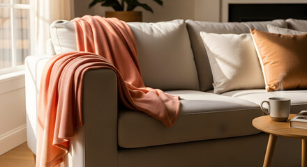 Plush coral throw blanket draped over the arm of a beige sofa, accented with matching and cream cushions, set in a warm, sunlit living room with a wooden coffee table holding a coffee cup and books