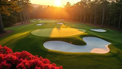 Golf course with green grass, sand bunkers during golden hour sunset. Tall trees surround manicured landscape. Sunlight casts long shadows across fairway, putting greens. Vibrant red flowers bloom in