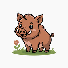 Fototapeta premium Cute Cartoon Wild Boar with Flower and Grass Background