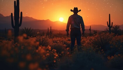 Fototapeta premium Silhouette of cowboy standing in desert landscape at sunset. Saguaro cacti, mountains form backdrop under starry sky. Wildflowers bloom in foreground, creating magical atmosphere of tranquil evening.