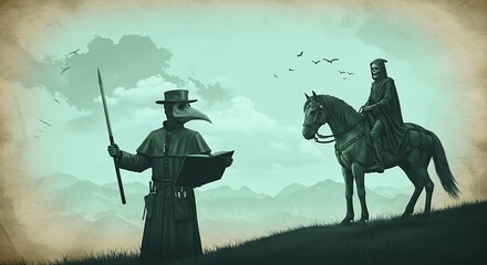 medieval style illustration of a terrible doctor during a plague epidemic, with the horseman of death on a horse, set in the middle ages parchment style, aqua tones, subject on the left