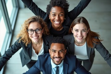 Multiracial Business Team Poses in Human Pyramid Formation in Contemporary Office Space viewed from Above