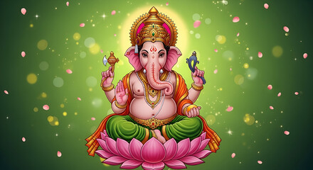 Naklejka premium Golden Ganesh statue surrounded by flowers on a decorative background