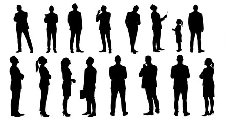 Vector silhouettes of two men and three women, a group of standing business people, looking up, back view, profile, black color isolated on white background