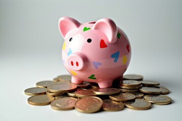 Vibrant Pink Piggy Bank adorned with Abstract Patterns, perched on a Treasure Trove of Coins of Diverse Shapes and Sizes
