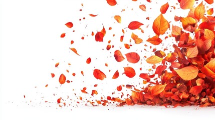 A vibrant burst of autumn leaves, scattered against a stark white background, creating a dynamic and colorful scene