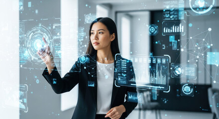 A businesswoman in a suit interacting with a virtual interface in a modern office.