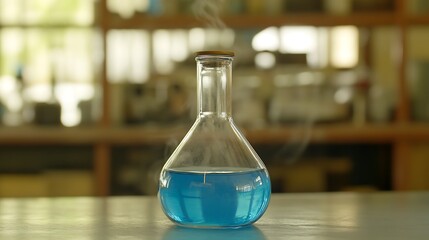 Laboratory glassware releasing vapor with blue chemical solution