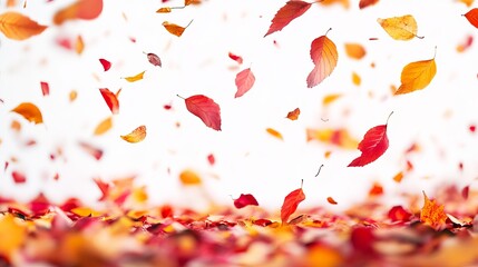 Red and orange leaves falling against a white background, creating a vibrant autumn scene.  Many leaves are in mid-air, while others rest on the ground