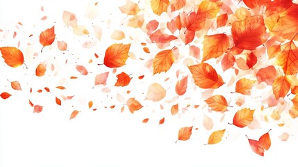 A vibrant stream of autumn leaves in various shades of orange and red, swirling against a stark white backdrop