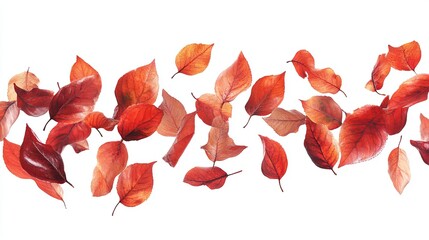 A horizontal arrangement of numerous reddish-brown leaves, seemingly floating against a stark white backdrop, evokes a sense of autumnal serenity and the passage of time