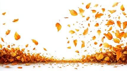 Golden autumn leaves swirling and falling against a white background, creating a vibrant seasonal scene
