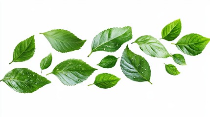 A collection of vibrant green leaves, some with water droplets, arranged in a flowing wave pattern against a white background