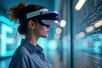 A woman explores futuristic real estate options in virtual reality landscape.