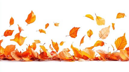 Vibrant orange and yellow autumn leaves falling and scattered on a white background, creating a sense of autumnal motion and beauty