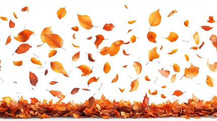 Autumn leaves falling and forming a pile on a white background.  The leaves are various shades of orange and brown