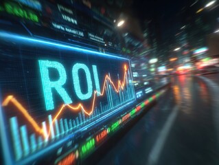Financial data analysis on digital display in urban setting at night