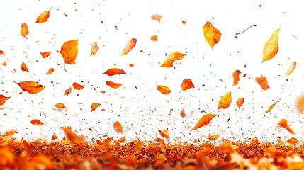 Orange autumn leaves swirling and falling against a white background, creating a vibrant, dynamic scene