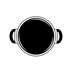 Top-down view of a simple, black, empty cooking pot with handles.