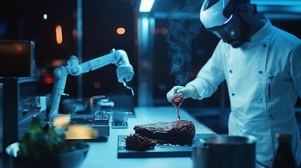 Futuristic culinary collaboration chef and robot work together to prepare exquisite steak dish