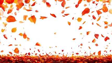 A flurry of vibrant red and orange autumn leaves falling against a stark white backdrop, creating a beautiful seasonal scene