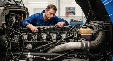 A man in a blue uniform working on a truck engine in a workshop.