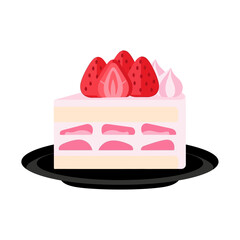 A slice of delicious strawberry cake with layers of cream and fresh fruit topping, presented on a black plate.