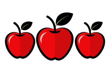 Three stylized red apples with green leaves on a white background