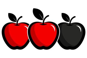 Three stylized apples two red and one black with black outlines and leaves