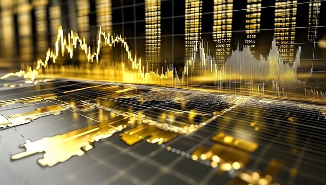 A stock market graph with a gold and black background, financial graphs in the foreground, and an upward trend on top of one of them - Powered by Adobe