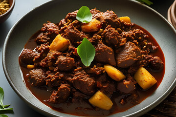 Hearty Beef and Potato Rendang in a Dark Ceramic Bowl