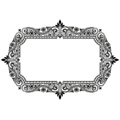An ornate black and white vintage frame with intricate floral details and swirls, isolated on a white background.