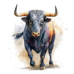 Watercolor vector illustration of Bull, isolated on white background.