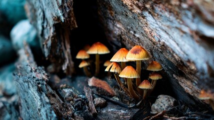 Orange mushrooms in decaying log