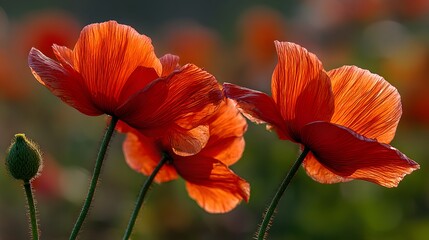Fototapeta premium Close-up of vibrant poppy blossoms in a field.