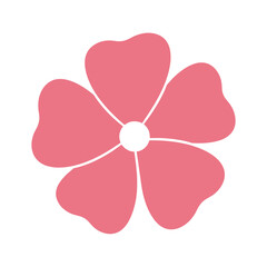 Fototapeta premium A simple, stylized illustration of a single pink flower with five rounded petals and a white center, presented on a clean white background.