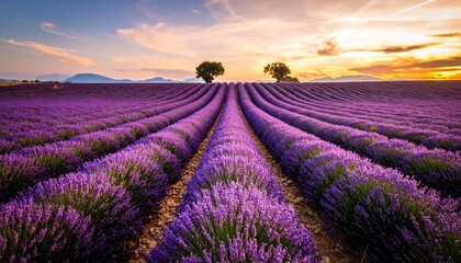 Fototapeta premium Colorful flowering lavandula or lavender field in the dawn light. Beautiful lavender field at sunrise. Purple flower background. Blossom violet aromatic plants. Landscape of lavender field. lavender 